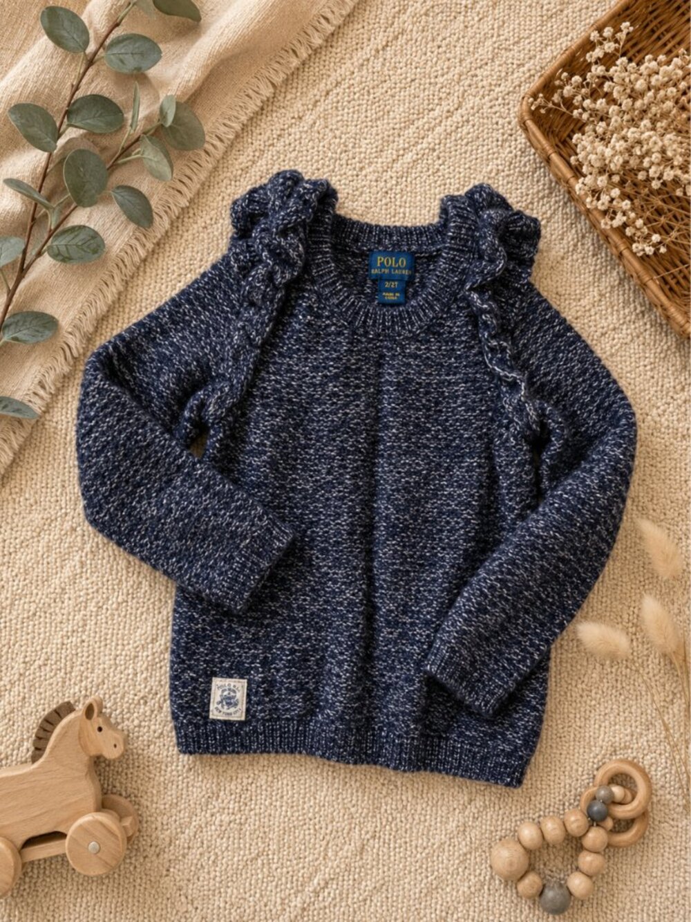 Polo by Ralph Lauren Navy Heather Knit Ruffle Shoulder Sweater